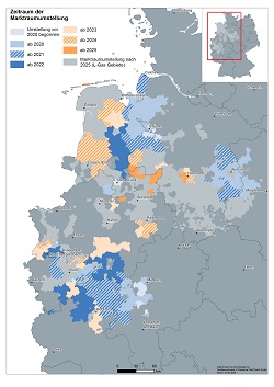 Deutschlandkarte mit gekennzeichneten Gebieten und Zeitpunkt der Marktraumumstellung