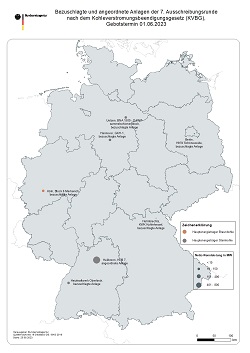 Bezuschlagte Anlagen der siebten Runde der Kohlestilllegungsausschreibungen auf einer Deutschlandkarte